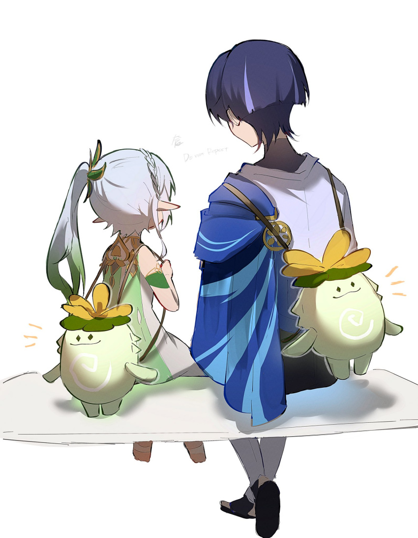 1boy, 1girl, aranara_(genshin_impact), armlet, backpack, bag, bell, black_bodysuit