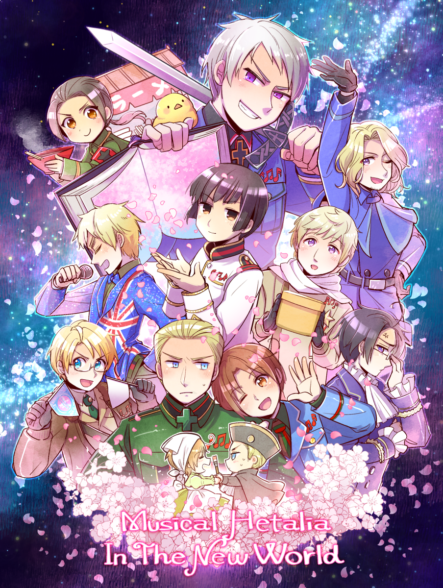 6+boys, ahoge, america_(hetalia), anger_vein, apron, arm_up, armband, ascot