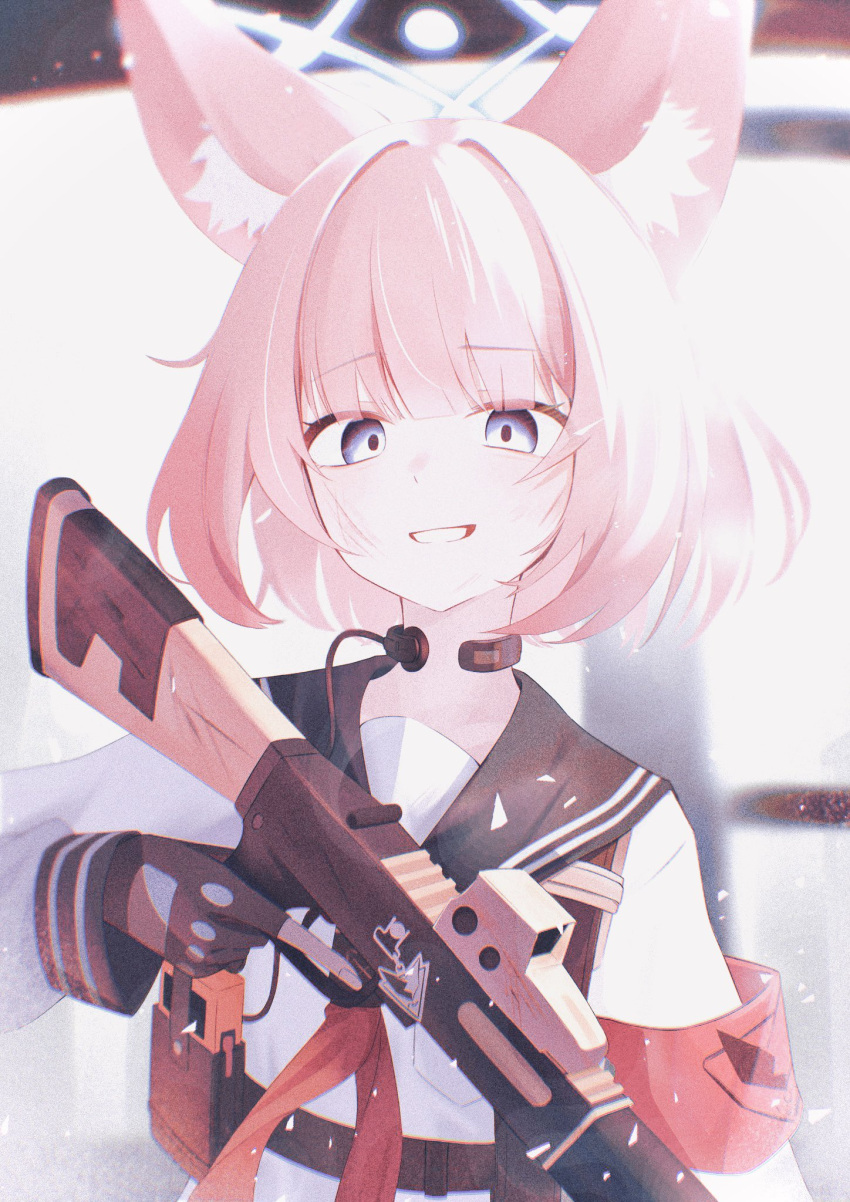 1girl, animal_ear_fluff, animal_ears, armband, benelli_m3, blue_archive, blue_eyes, fingerless_gloves, fox_ears, fox_girl, gloves, grin, gun, halo, highres, long_sleeves, looking_at_viewer, neckerchief, niko_(blue_archive), pink_hair, pump_action, red_armband, red_neckerchief, sailor_collar, school_uniform, serafuku, short_hair, shotgun, smile, solo, tactical_school_uniform, trigger_discipline, ula_ula00, weapon