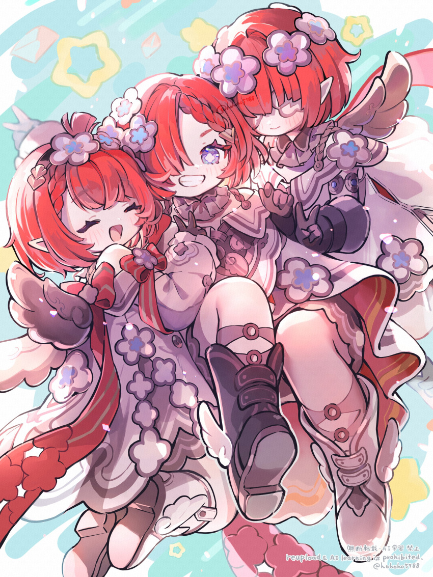 3girls, :d, ^_^, absurdres, arm_up, armlet, artist_name, asymmetrical_footwear