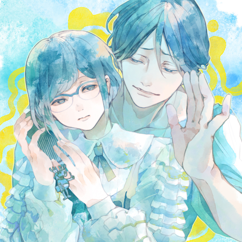 1boy, 1girl, absurdres, blue_eyes, blue_hair, blue_theme, collared_shirt, commentary