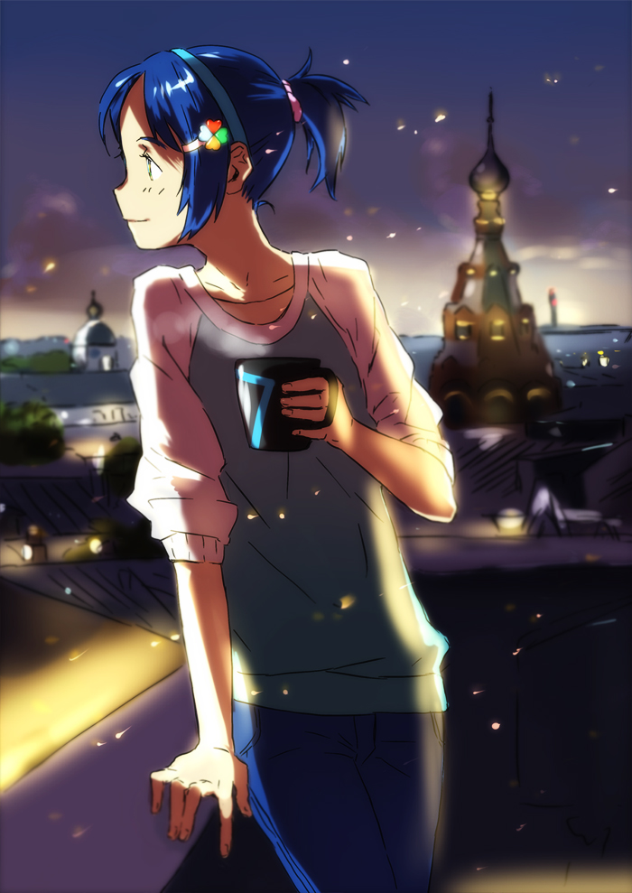 7, arm_support, blue_hair, cup, hair_ornament, hairband, hairclip, light_smile