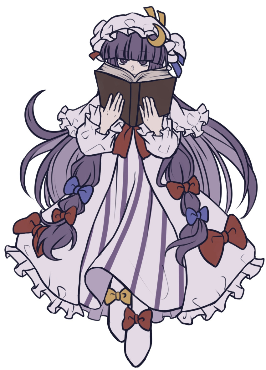 1girl, blue_bow, book, bow, capelet, closed_mouth, commentary, crescent