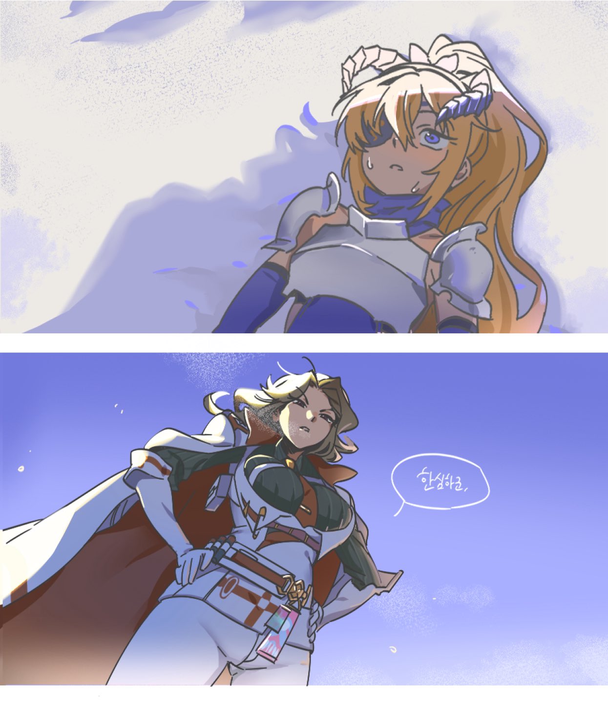 2girls, armor, blonde_hair, blue_eyes, blush, breasts, brown_hair, cape