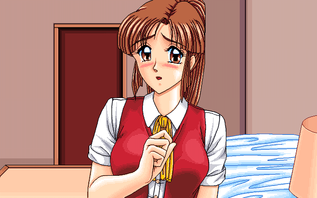1990s_(style), 1995, 1girl, bedroom, blush, brown_eyes, brown_hair, high_ponytail