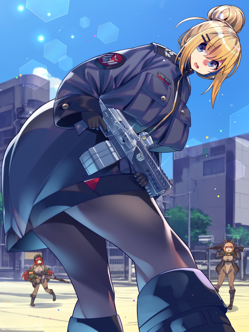 3girls, :d, ^_^, assault_rifle, belt, black_boots, black_pantyhose, blonde_hair