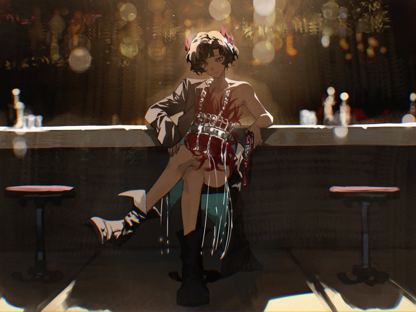 1girl, arm_out_of_sleeve, backlighting, bar_(place), bar_stool, black_boots, black_coat, black_hair