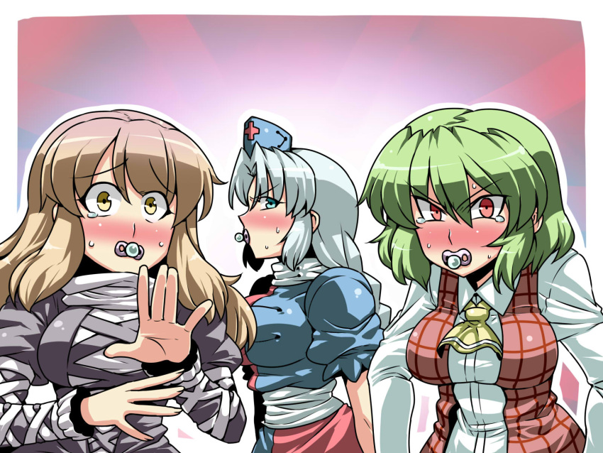 adult_baby, adultbaby, angry, blue_eyes, blush, brown_hair, embarrassed, green_hair