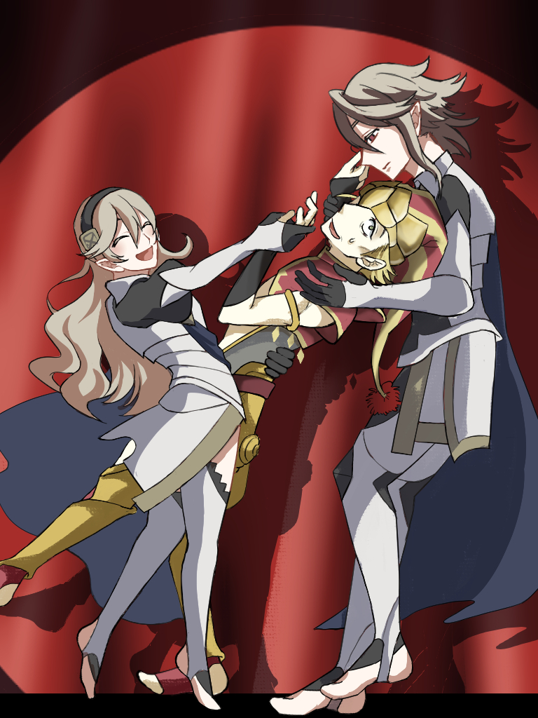 1girl, 2boys, armor, black_hairband, blonde_hair, blue_cape, cape, chickenkaku