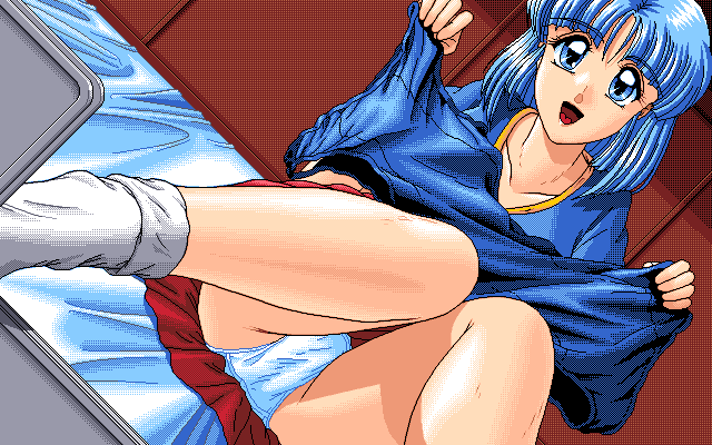 1990s_(style), 1995, 1girl, blue_eyes, blue_hair, dutch_angle, hoshi_no_suna_monogatari_3, looking_at_viewer
