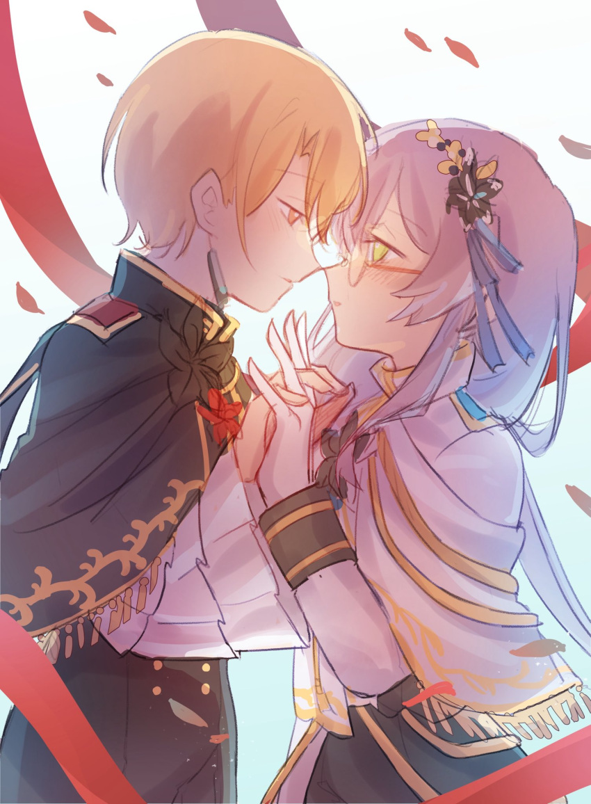 2girls, blonde_hair, cape, glasses, green_eyes, grey_hair, hair_ornament, hair_over_one_eye