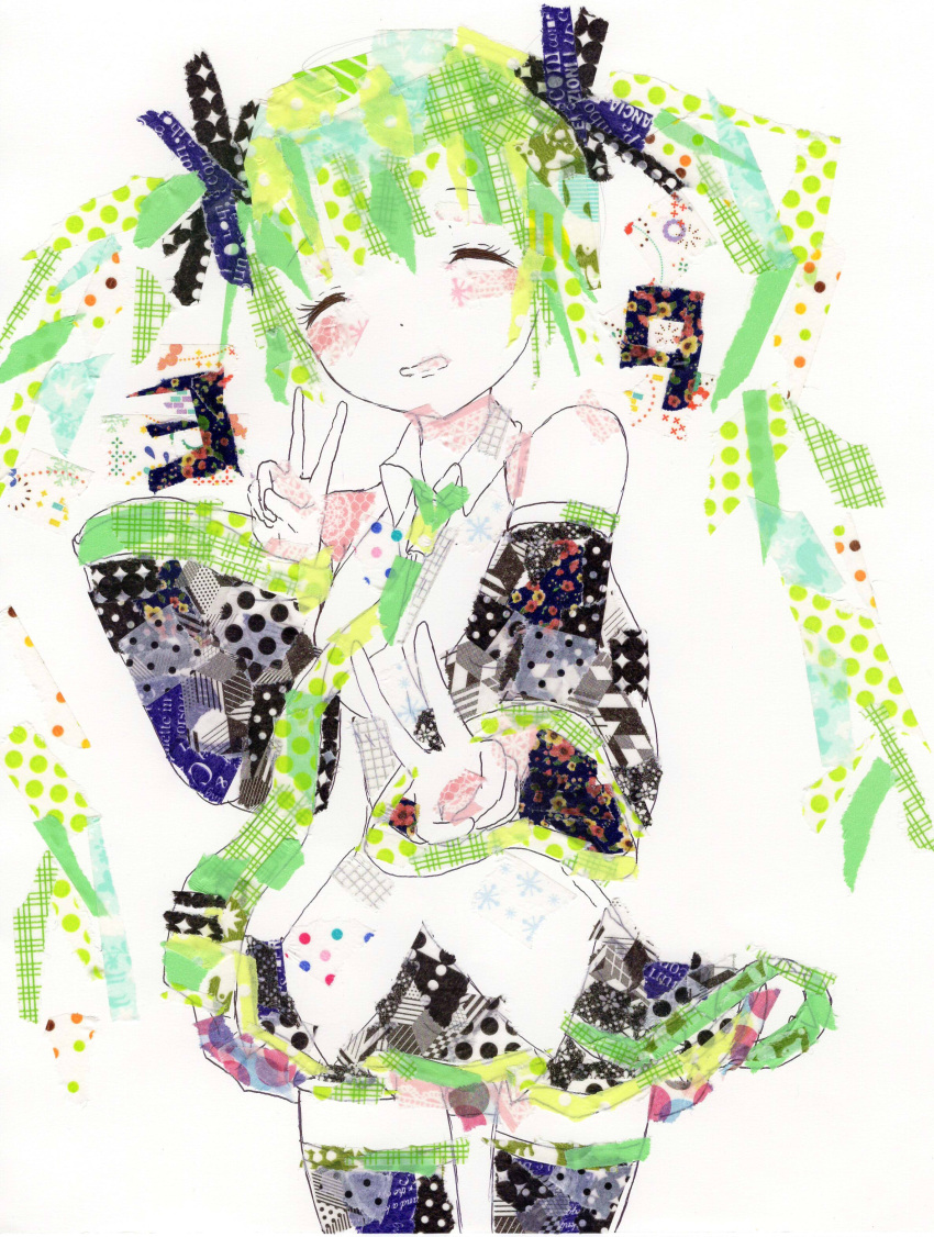 1girl, 39, absurdres, bare_shoulders, black_ribbon, black_skirt, black_thighhighs, blue_ribbon
