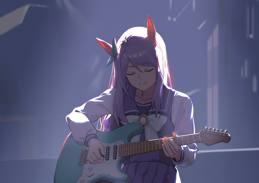 1girl, absurdres, animal_ears, closed_eyes, highres, horse_ears, horse_girl, instrument