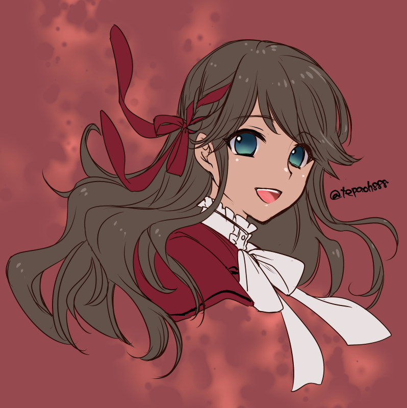 1girl, blue_eyes, brown_hair, cowenna, dark-skinned_female, dark_skin, long_hair, mabinogi, red_ribbon, ribbon, smile, tepaoh888, white_ribbon