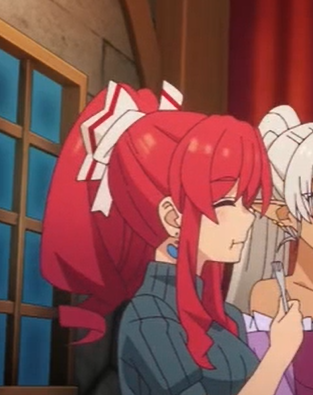 a_rank_party_wo_ridatsu_shita_ore_wa_moto_oshiego-tachi_to_meikyuu_shinbu_wo_mezasu, closed_eyes, closed_mouth, eating, lowres, marina_(aparida), non-web_source, red_hair