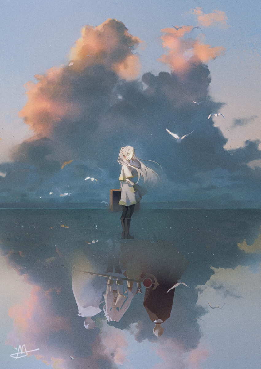 1girl, 2boys, absurdres, bird, black_cloak, black_pantyhose, blue_sky, brown_hair