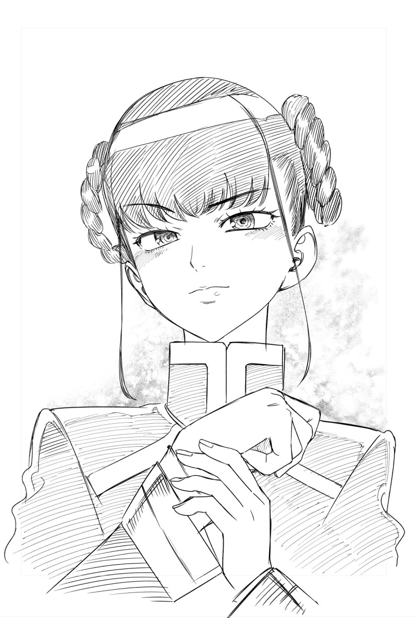 1girl, blush, commentary_request, eyelashes, greyscale, happy, highres, kafna_uniform