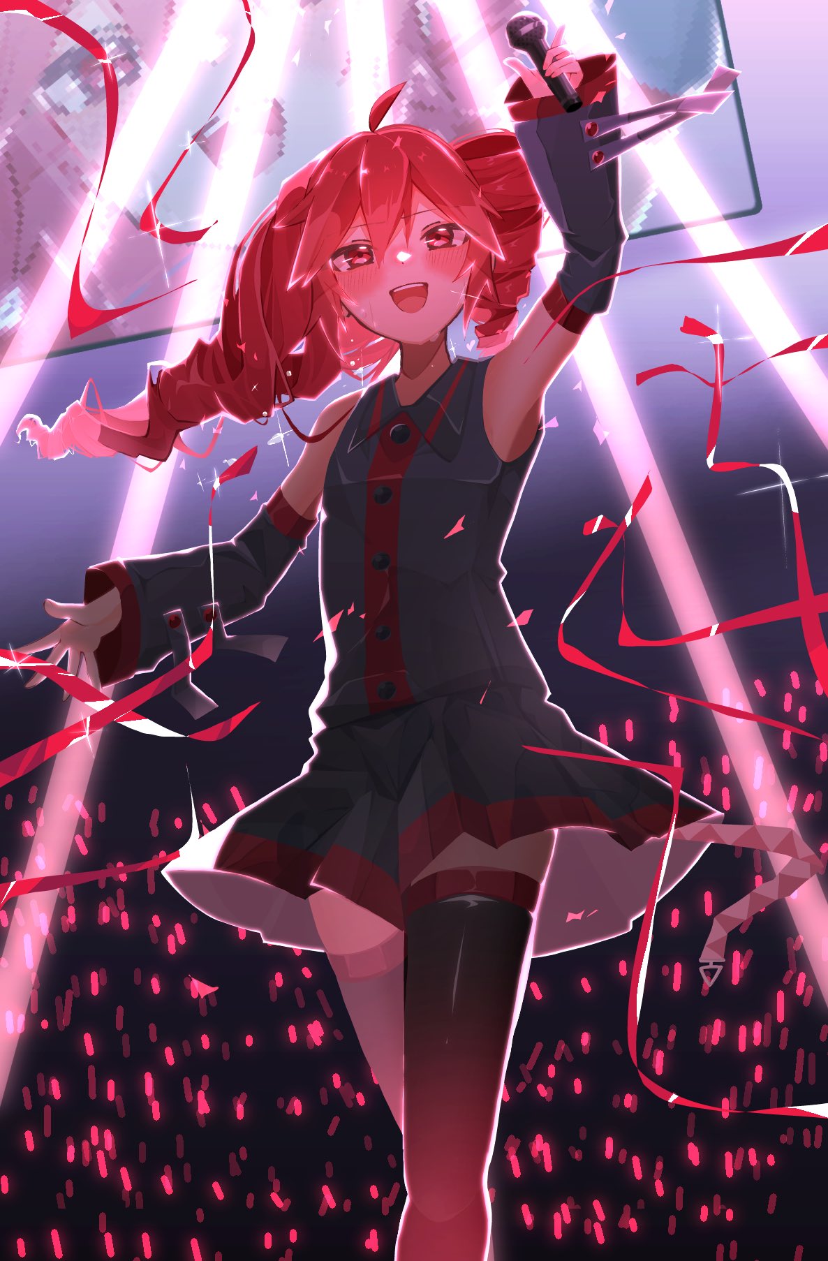 1girl, :d, ahoge, alternate_hairstyle, arm_up, armpits, bare_shoulders, black_skirt, black_sleeves, black_thighhighs, blush, buttons, collared_shirt, concert, crossed_legs, detached_sleeves, double-parted_bangs, dress, drill_hair, feet_out_of_frame, fingernails, glowstick, hair_between_eyes, highres, holding, holding_microphone, kasane_teto, kasane_teto_(utau), looking_at_viewer, microphone, miniskirt, open_mouth, outstretched_arm, pink_nails, red_eyes, red_hair, screen_zoom, shirt, skirt, sleeveless, sleeveless_dress, smile, solo_focus, stream, streamers, teeth, thigh-highs, tongue, tu_gumi, twin_drills, twintails, upper_teeth_only, utau, watson_cross, wing_collar, zettai_ryouiki