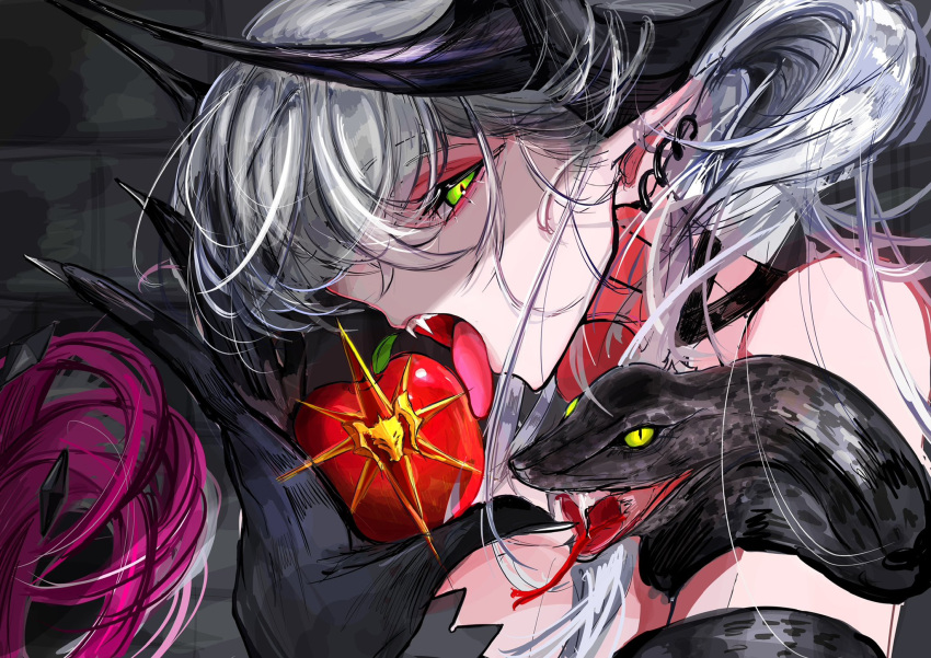 1girl, apple, demon_horns, earrings, fate/grand_order, fate_(series), food, fruit