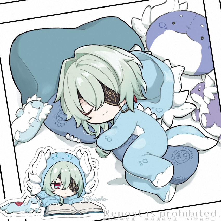 1boy, anaxa_(honkai:_star_rail), aqua_hair, blue_eyes, chibi, chibi_only, english_text, eyepatch