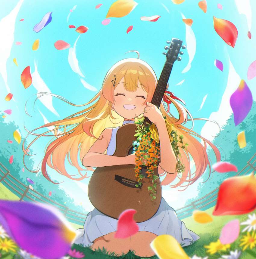 1girl, ahoge, alternate_costume, blonde_hair, blush, closed_eyes, dress, flower