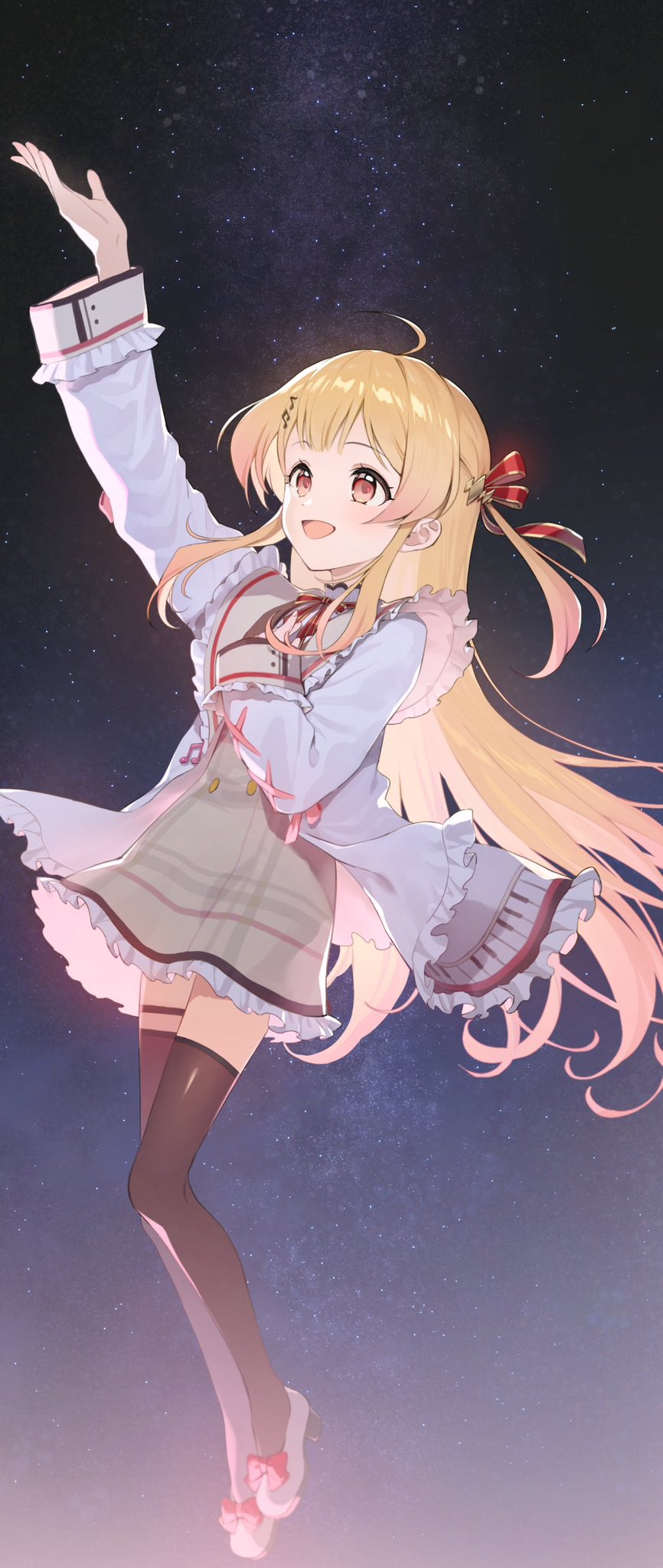 1girl, ahoge, blonde_hair, blush, brown_dress, dress, floating, frills