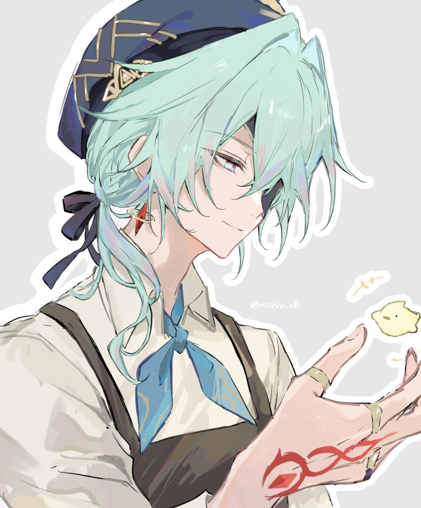 anaxa_(honkai:_star_rail), anaxa_(ingenuity)_(honkai:_star_rail), apron, aqua_hair, azero_a0, bird, blue_eyes, blue_hat, brown_apron, closed_mouth, grey_background, hand_tattoo, hand_up, hat, highres, honkai:_star_rail, honkai_(series), jewelry, medium_hair, multiple_rings, one_eye_covered, pink_pupils, red_tattoo, ring, shirt, side_ponytail, tattoo, twitter_username, white_shirt
