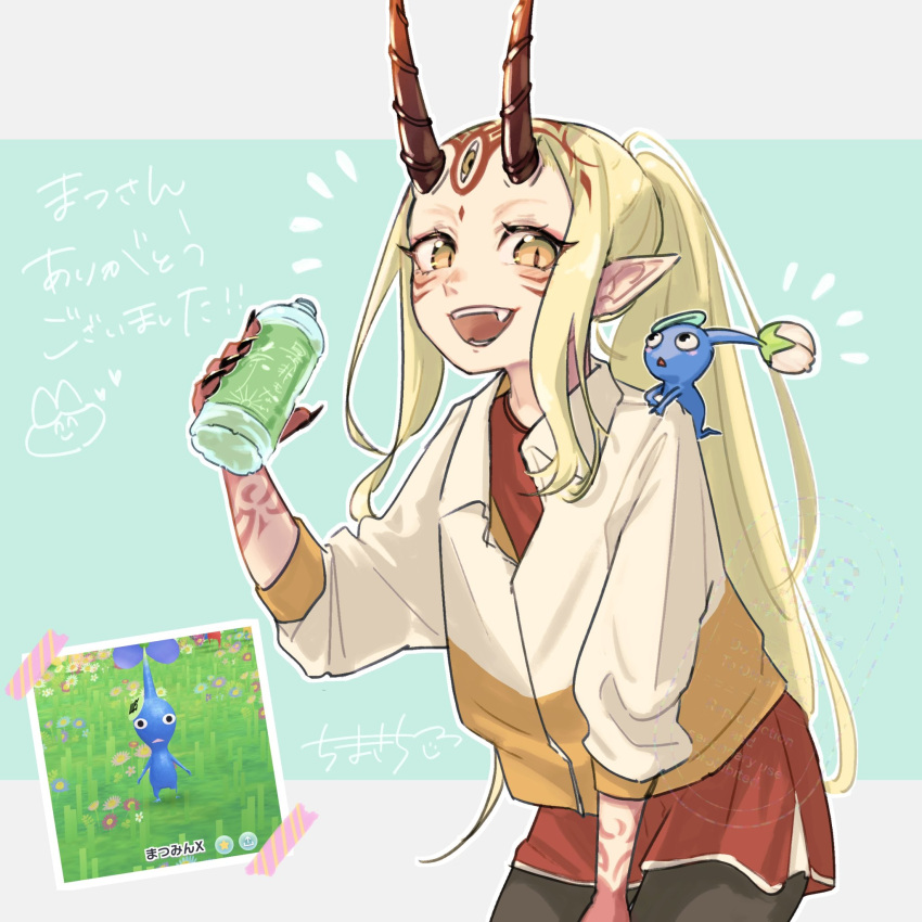 1girl, 1other, alternate_costume, alternate_hairstyle, artist_name, black_eyes, blonde_hair, blue_background