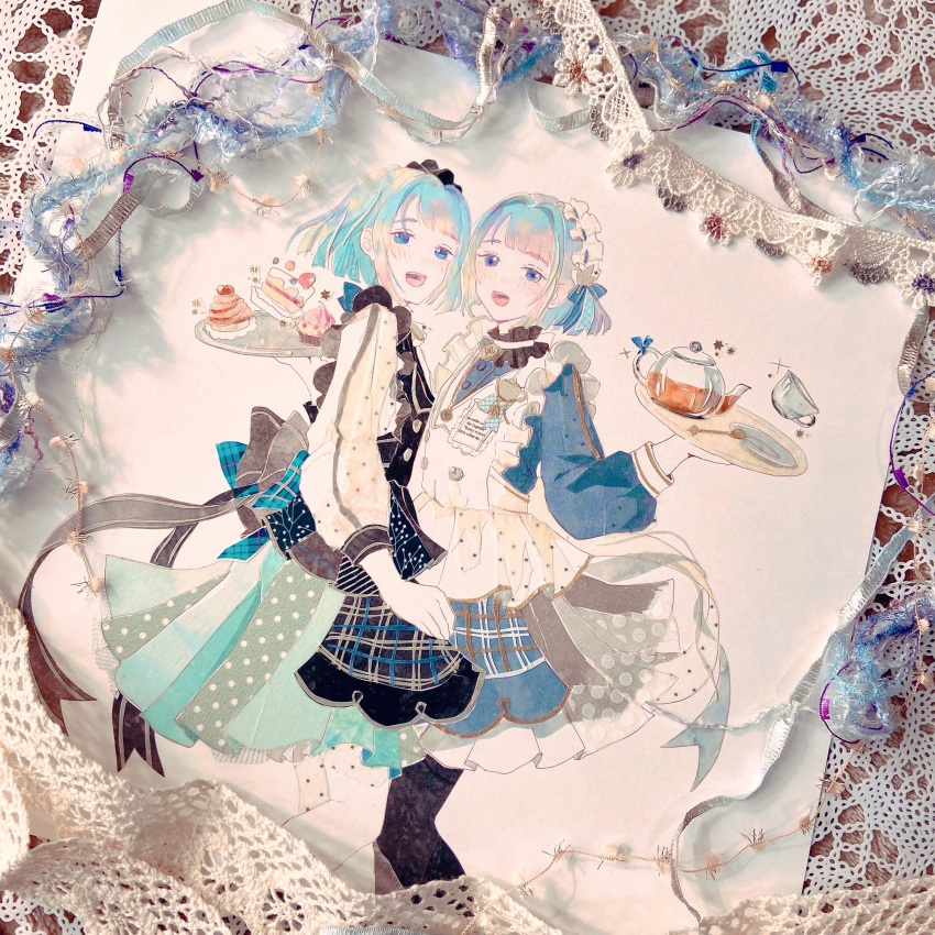 2boys, :d, apron, back_bow, black_apron, black_thighhighs, blue_bow, blue_dress, blue_eyes, blue_ribbon, blunt_bangs, blunt_ends, blush, bow, cake, cake_slice, character_request, choker, commentary_request, cup, dessert, dress, ensemble_stars!, feet_out_of_frame, food, frilled_apron, frilled_choker, frilled_headwear, frills, glass_teapot, grey_bow, grey_ribbon, hair_ribbon, hands_up, highres, holding, holding_tray, long_sleeves, looking_at_viewer, maid_headdress, male_focus, masking_tape_(medium), mixed_media, multiple_boys, oikoko_koko, parted_bangs, photo_(medium), ribbon, shino_hajime, short_hair, sidelocks, smile, teacup, teaspoon, thigh-highs, traditional_media, trap, tray, unconventional_media, white_apron, white_background, white_dress, white_headdress, white_ribbon, white_thighhighs