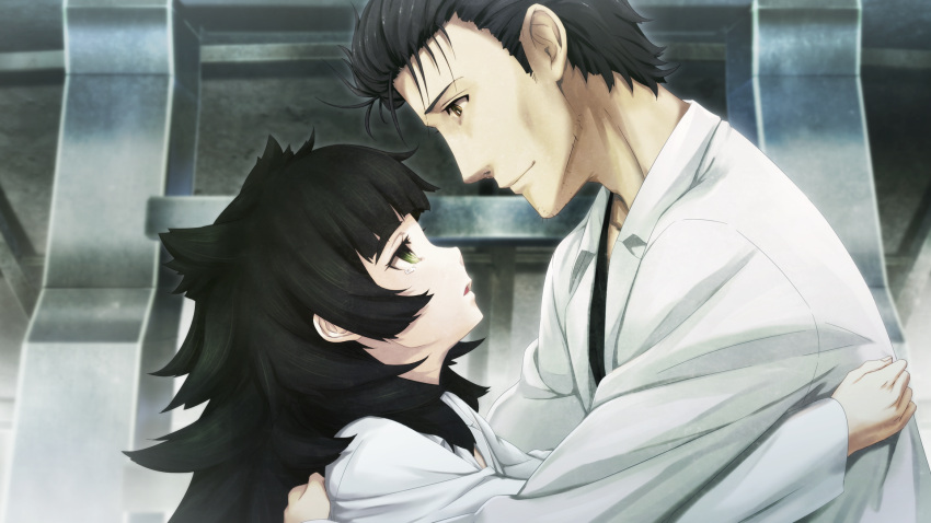 1boy, 1girl, beard_stubble, black_hair, black_shirt, blunt_bangs, collarbone, couple