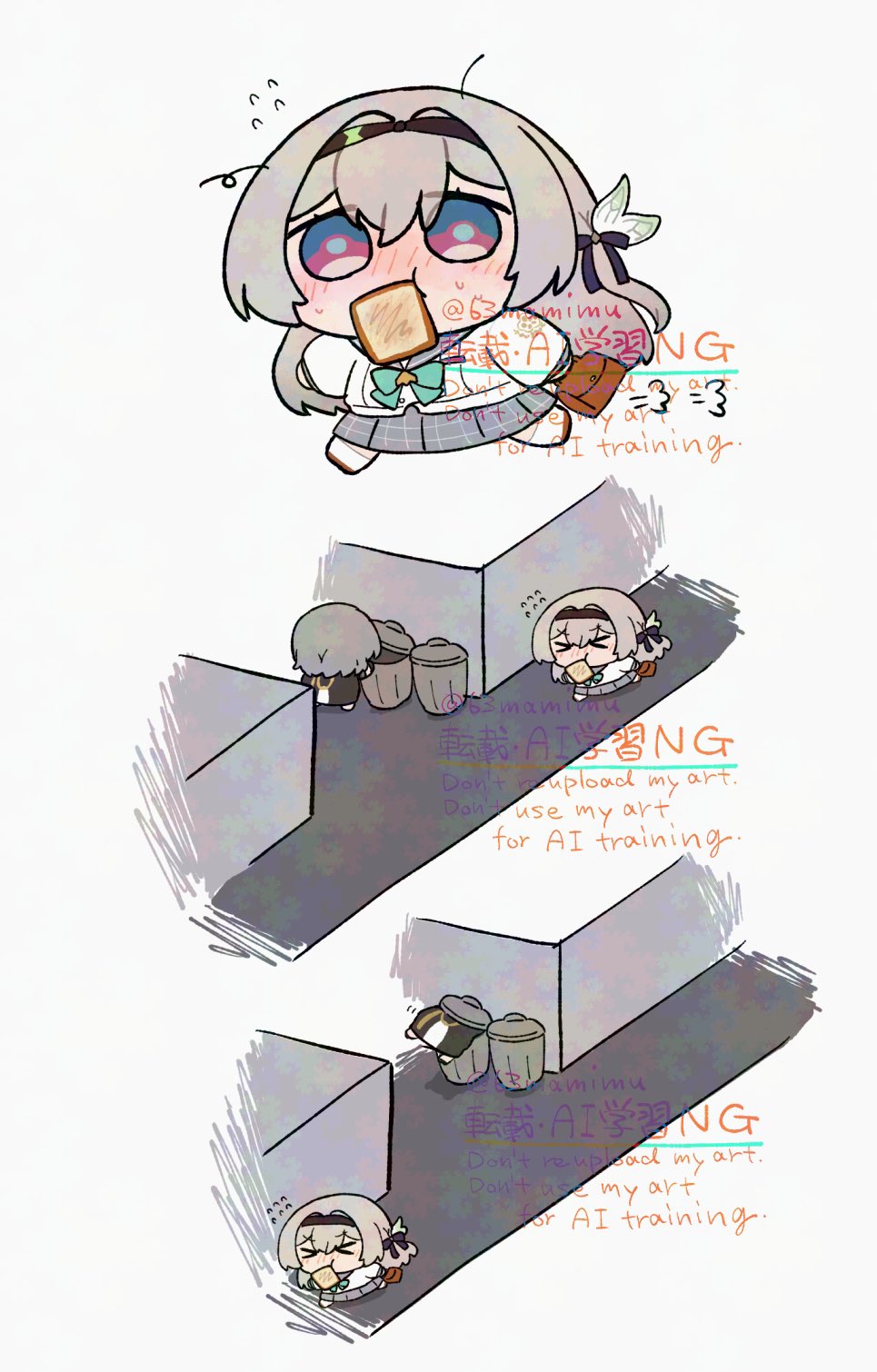 1girl, 1other, black_hairband, blue_pupils, blush, bread, bread_slice, collared_shirt, firefly_(honkai:_star_rail), firefly_(spring_missive)_(honkai:_star_rail), flying_sweatdrops, food, food_in_mouth, grey_hair, grey_sailor_collar, hair_between_eyes, hair_intakes, hair_ornament, hairband, highres, honkai:_star_rail, honkai_(series), in_container, in_trash_can, multicolored_eyes, mumi_mamimu, running, sailor_collar, shirt, simple_background, trailblazer_(honkai:_star_rail), trash_can, two-tone_eyes, white_background, white_shirt