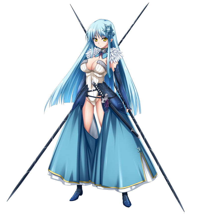 blue_hair, breasts, cleavage, dual_wielding, elbow_gloves, elf, gloves, hair_ornament, hotori_(artist), hotori_(sion), katana, legs, long_hair, original, pointy_ears, simple_background, solo, sword, thighs, weapon, yellow_eyes