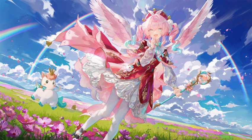 1girl, aqua_hair, beret, clouds, cloudy_sky, creature, dress, flower
