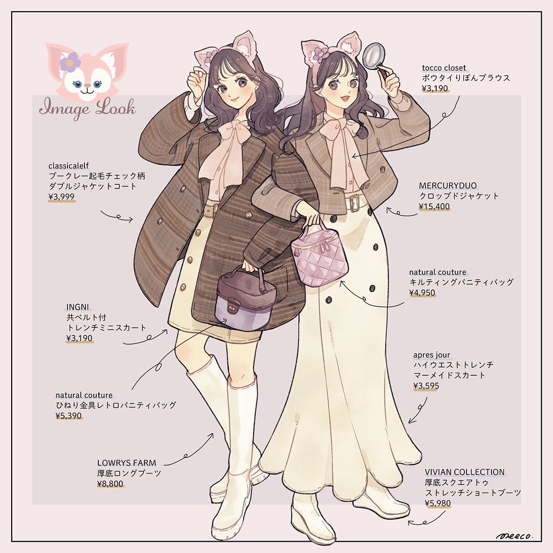 2girls, animification, bag, brown_hair, closed_mouth, coat, copyright_name, curly_hair