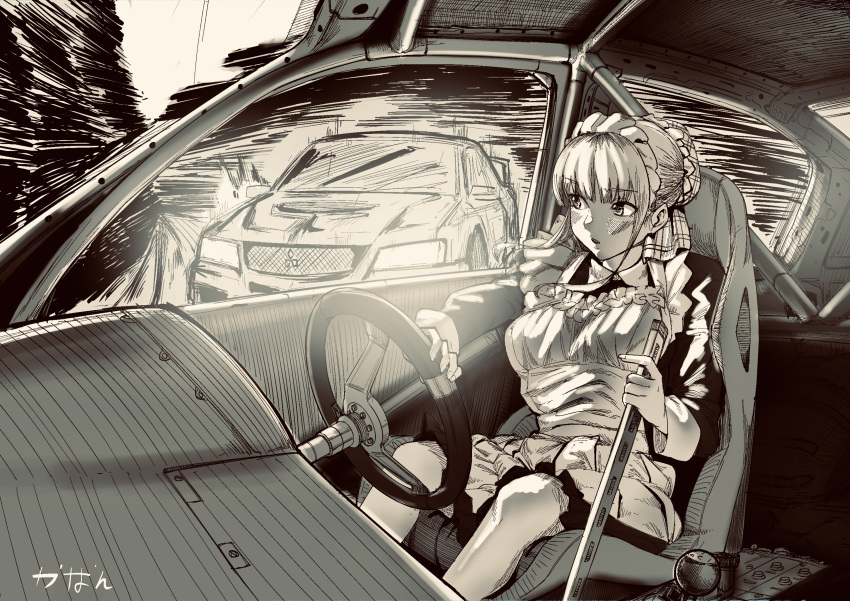 1girl, absurdres, apron, artificialkaban, artist_name, black_dress, bun_cover, car_interior