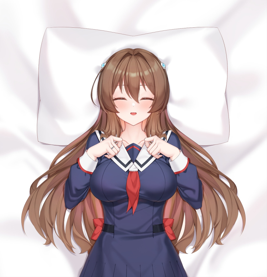 1girl, 71150521_(user_agrk2888), bed_sheet, blue_dress, blush, bow, breasts, brown_hair