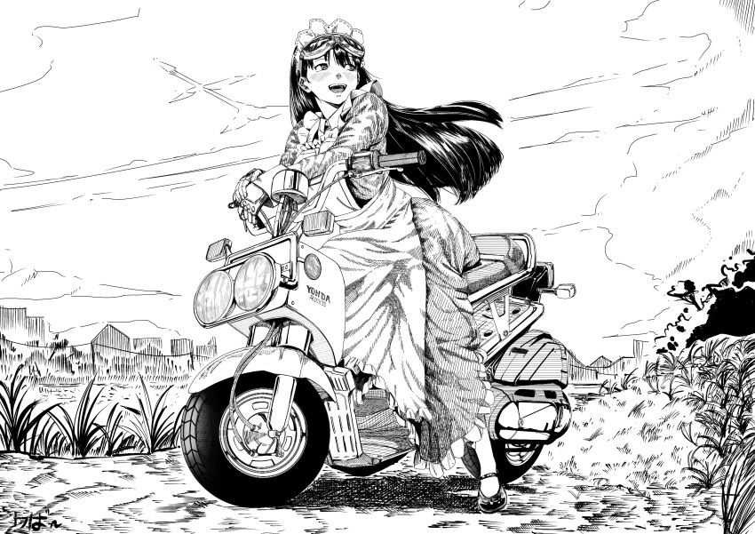 1girl, absurdres, aircraft, apron, artificialkaban, artist_name, aviator_goggles, black_hair