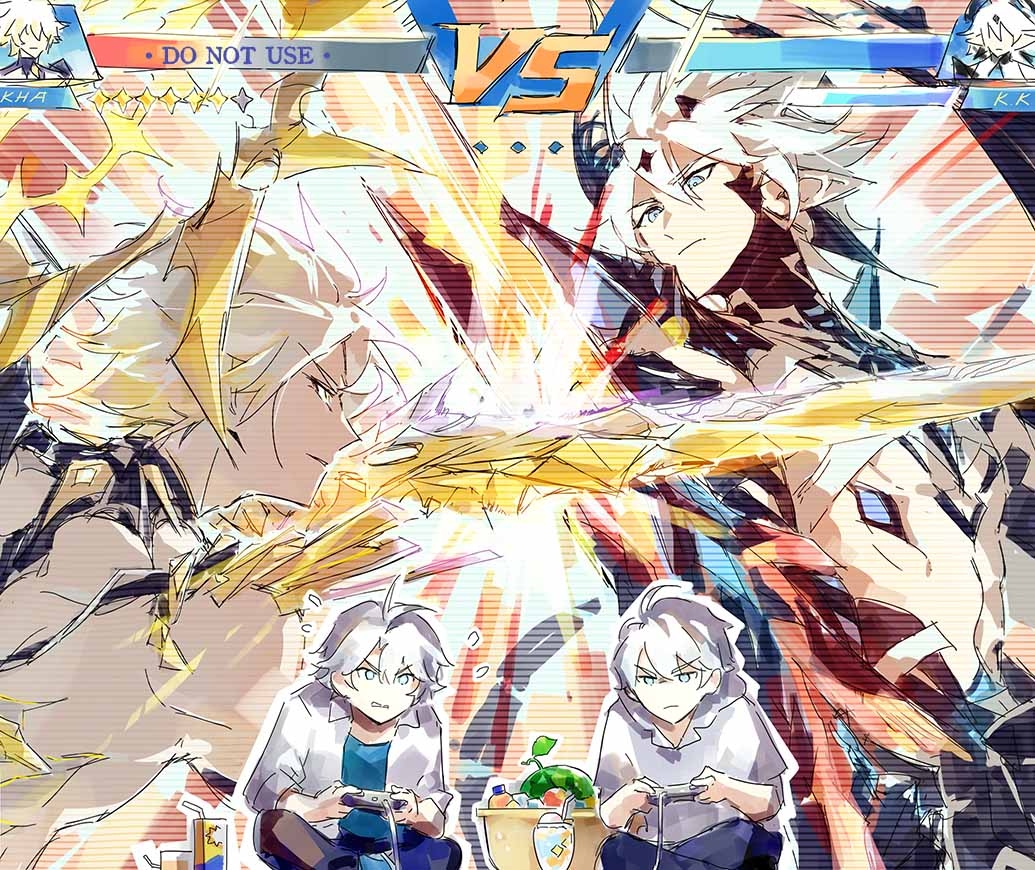 2boys, ahoge, alternate_costume, alternate_universe, antenna_hair, bare_shoulders, battle, blonde_hair