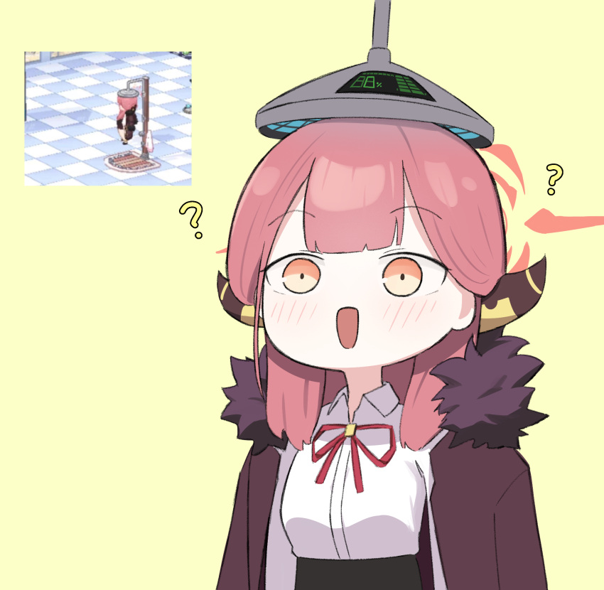 1girl, :o, ?, aru_(blue_archive), black_skirt, blue_archive, blush, brown_coat, brown_horns, coat, coat_on_shoulders, demon_horns, fur-trimmed_coat, fur_trim, game_screenshot_inset, halo, highres, horns, long_hair, low_horns, open_mouth, pink_hair, pink_halo, red_ribbon, reference_inset, ribbon, simple_background, skirt, solo, somgolmae, upper_body, yellow_background, yellow_eyes