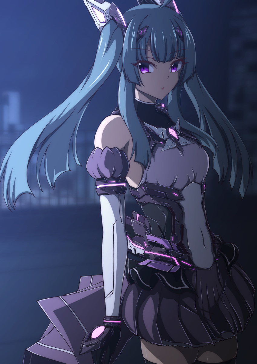 1girl, absurdres, ahoge, amakubo_yuri, aoi_tabane, backlighting, bare_shoulders, black_gloves, black_thighhighs, blue_hair, blunt_bangs, blunt_ends, blurry, blurry_background, breasts, covered_navel, cowboy_shot, detached_sleeves, dress, exs-tia_flora, gloves, hair_ornament, headgear, highres, kouyoku_senki_exs-tia, long_hair, looking_at_viewer, magical_girl, medium_breasts, miniskirt, night, outdoors, overskirt, parted_lips, pleated_skirt, puffy_sleeves, purple_skirt, shadow, sidelocks, skirt, small_breasts, solo, standing, thigh-highs, twintails, violet_eyes, zettai_ryouiki
