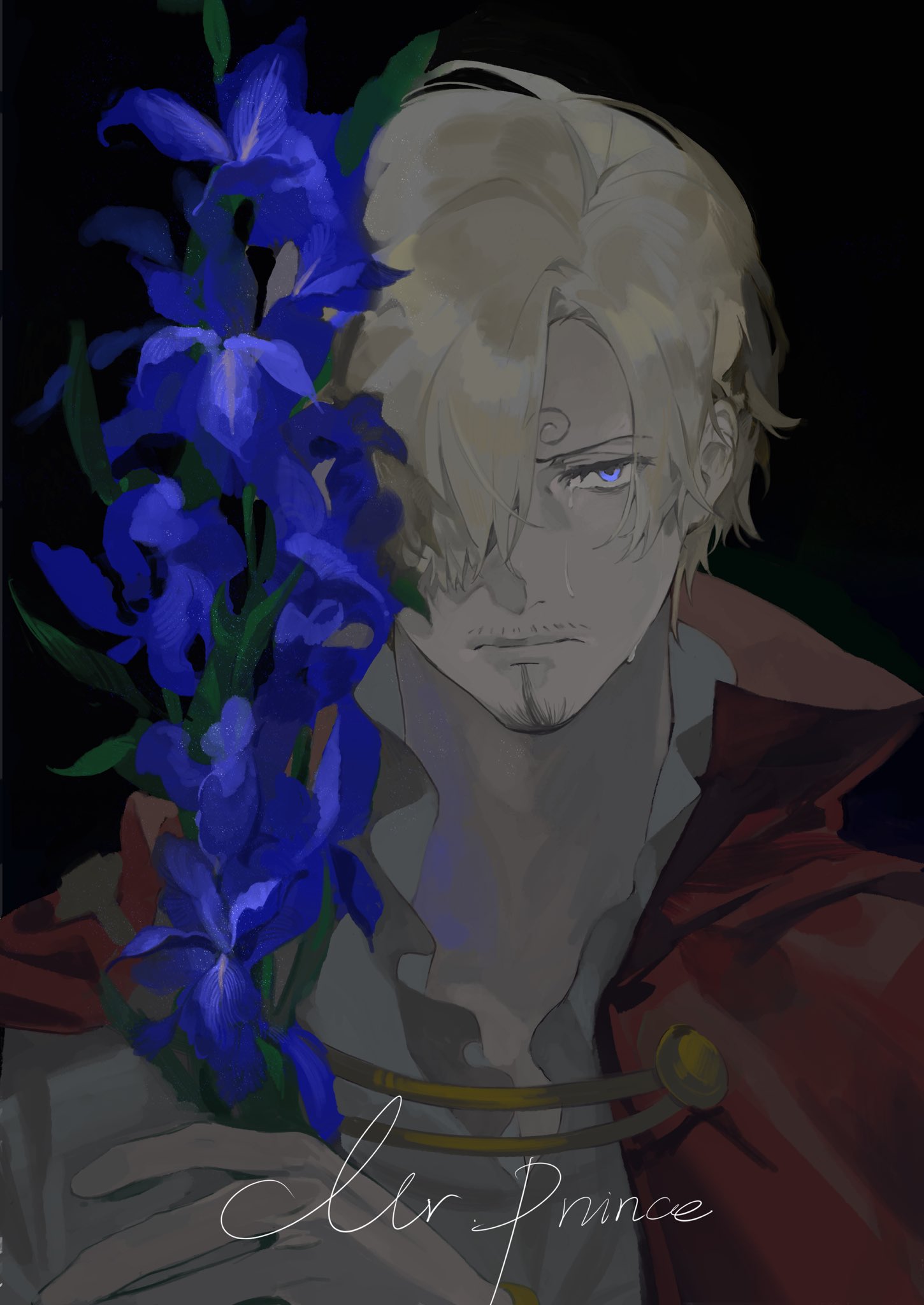 1boy, blue_eyes, curly_eyebrows, facial_hair, flower, goatee, hair_over_one_eye, highres