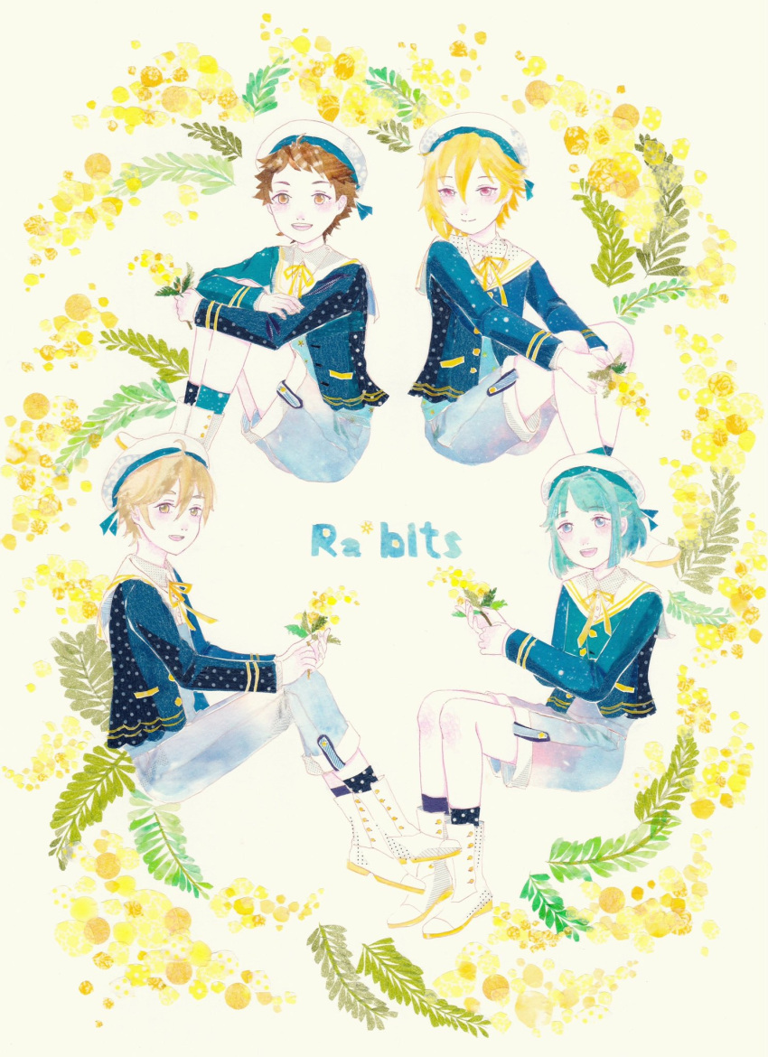 4boys, black_socks, blonde_hair, blue_hair, blue_pants, blue_shirt, blue_shorts, blush