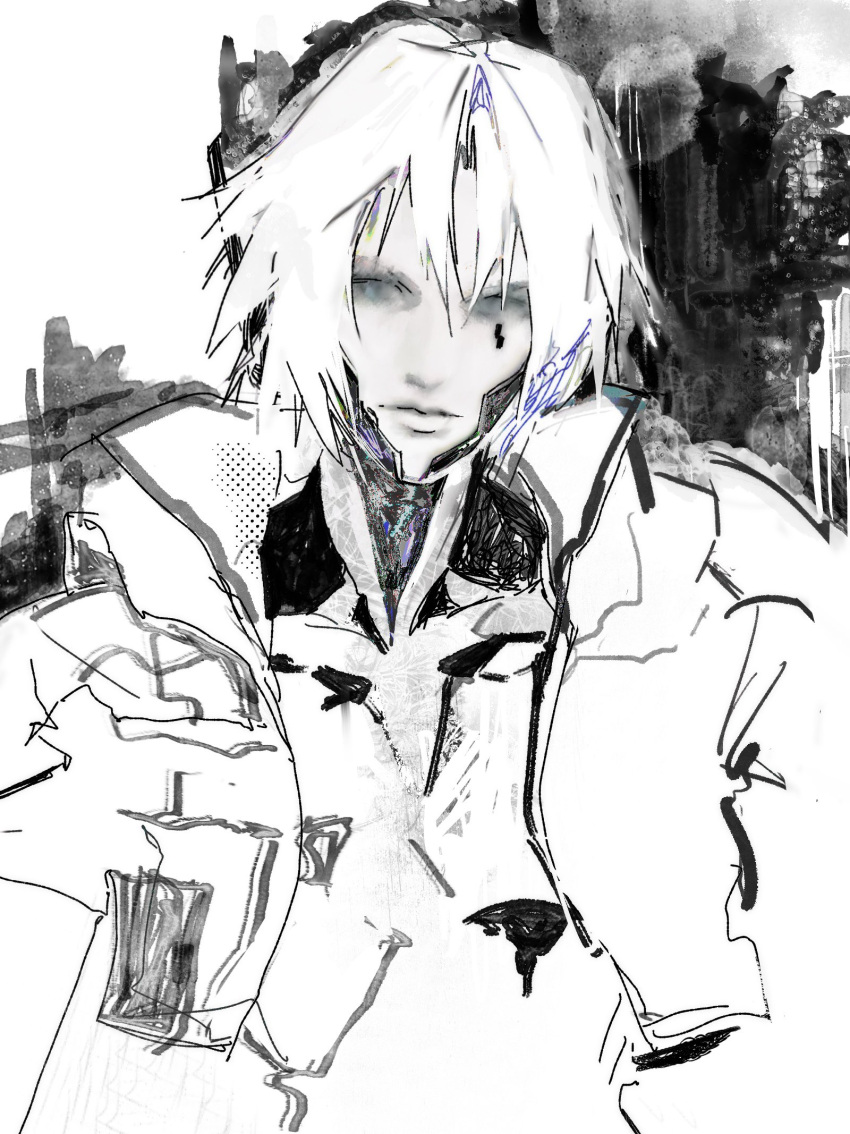 1boy, commentary, cropped_jacket, expressionless, facial_mark, final_fantasy, final_fantasy_vii, final_fantasy_vii_ever_crisis, greyscale, high_collar, highres, jacket, kyuu_vide, looking_at_viewer, male_focus, monochrome, official_alternate_costume, open_clothes, open_jacket, parted_bangs, sephiroth, sephiroth_(custom_suit), sephiroth_(ever_crisis), short_hair, solo, upper_body