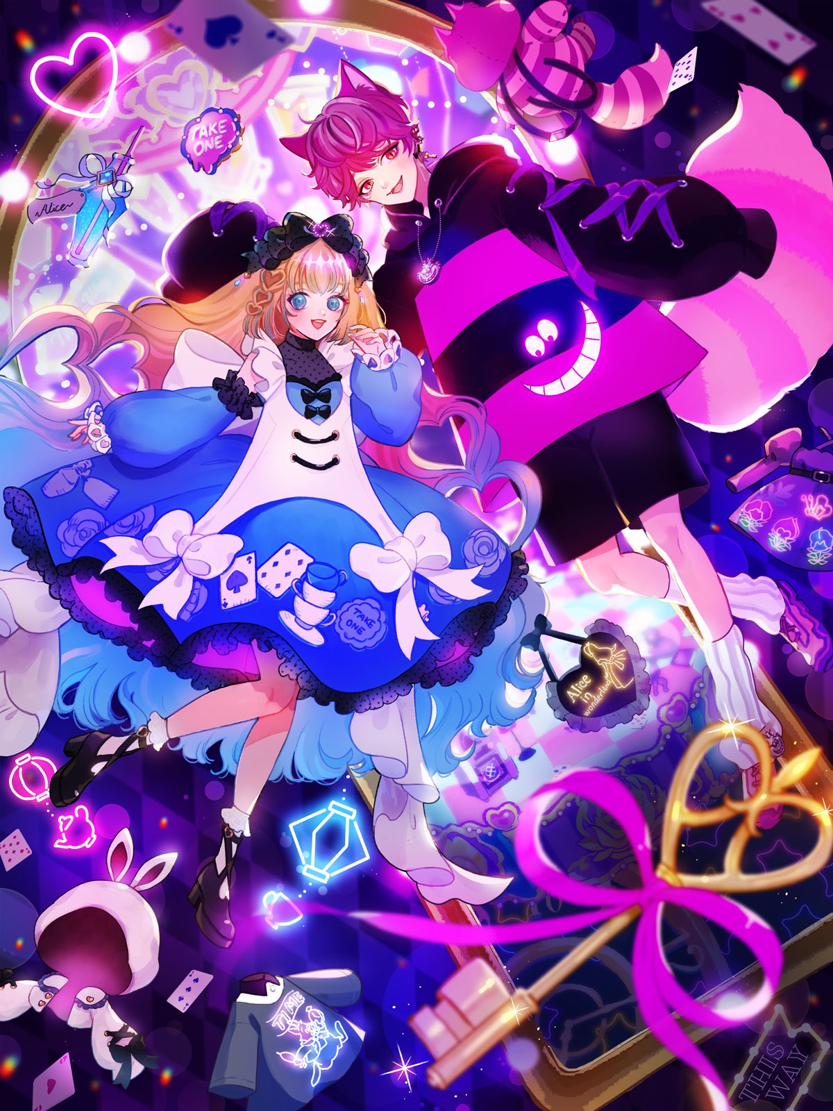 1boy, 1girl, alice_(disney), alice_in_wonderland_(disney), apron, black_shoes, blonde_hair, blue_dress
