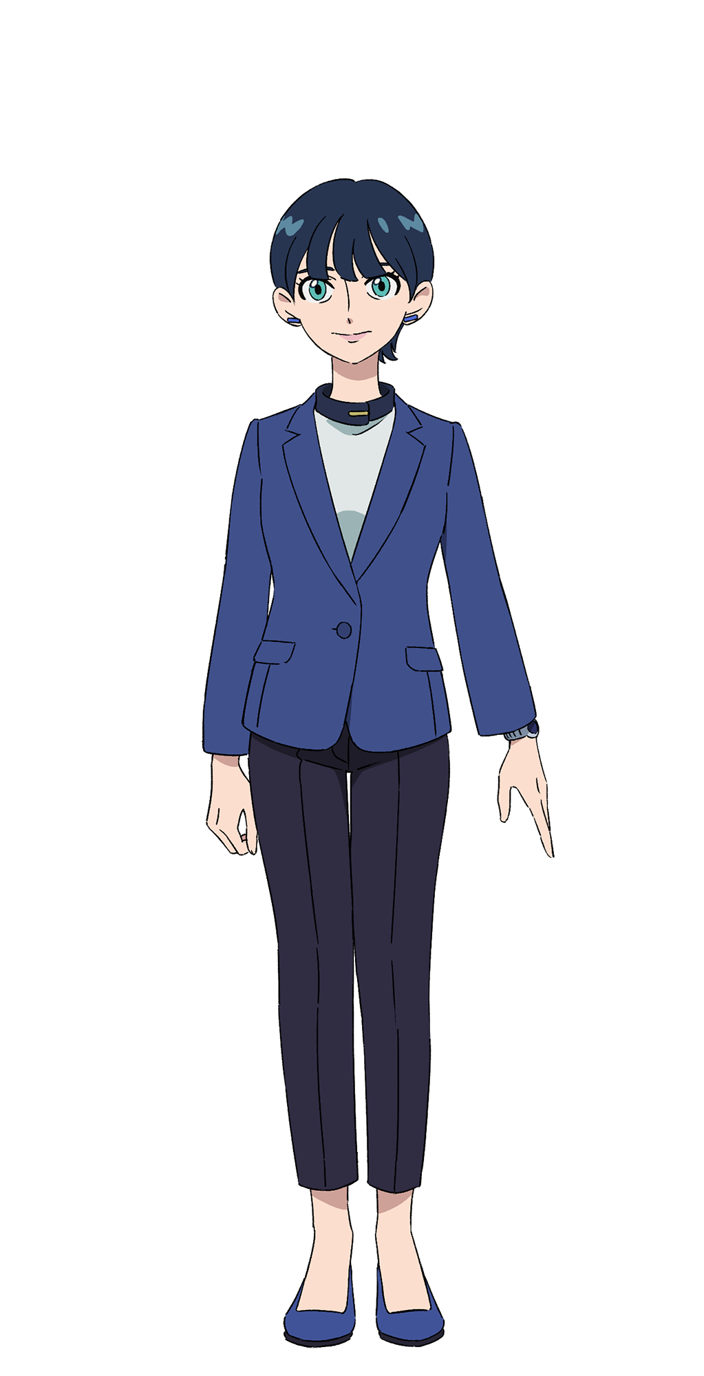 1girl, black_hair, black_pants, blue_jacket, blue_shoes, business_suit, earrings, full_body, green_eyes, gundam, gundam_gquuuuuux, high_heels, highres, jacket, jewelry, looking_at_viewer, official_art, pant_suit, pants, pumps, shoes, short_hair, simple_background, smile, solo, standing, suit, tamaki_yuzuriha, transparent_background, watch, watch