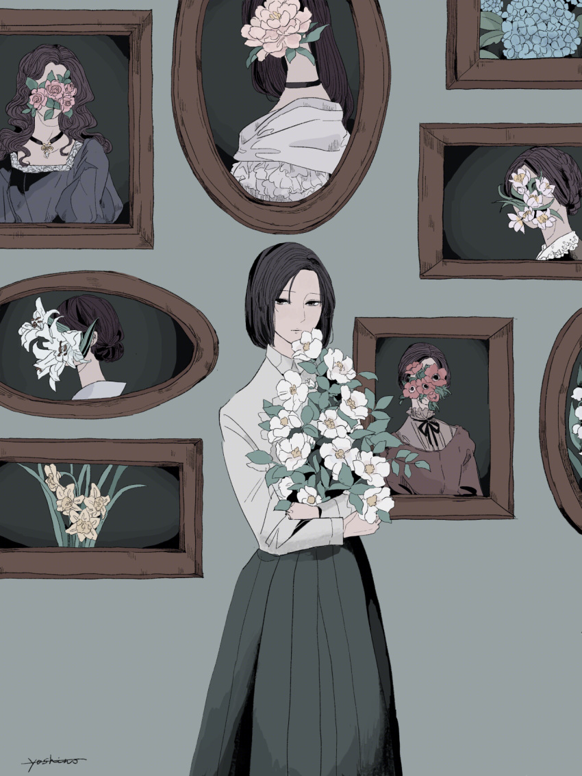 1girl, black_hair, bouquet, closed_mouth, flower, flower_on_face, gghost0627, highres
