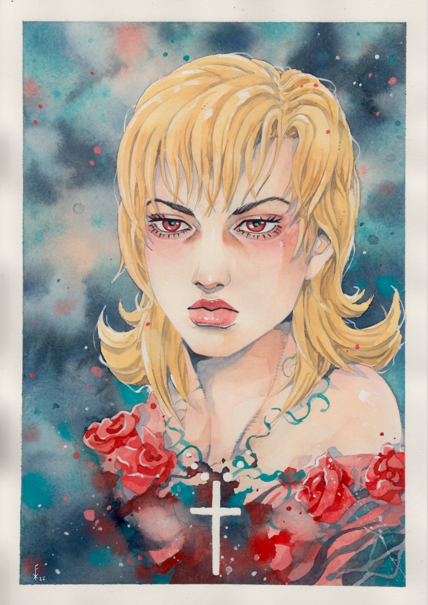 1girl, absurdres, bare_shoulders, blonde_hair, cross, english_commentary, eyelashes, flower