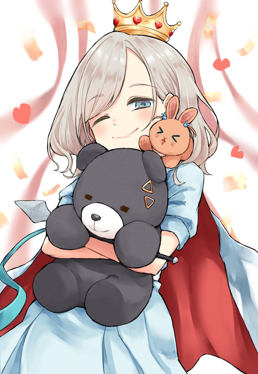 >_<, 1girl, ;), =_=, absurdres, animalization, blue_dress, blue_eyes