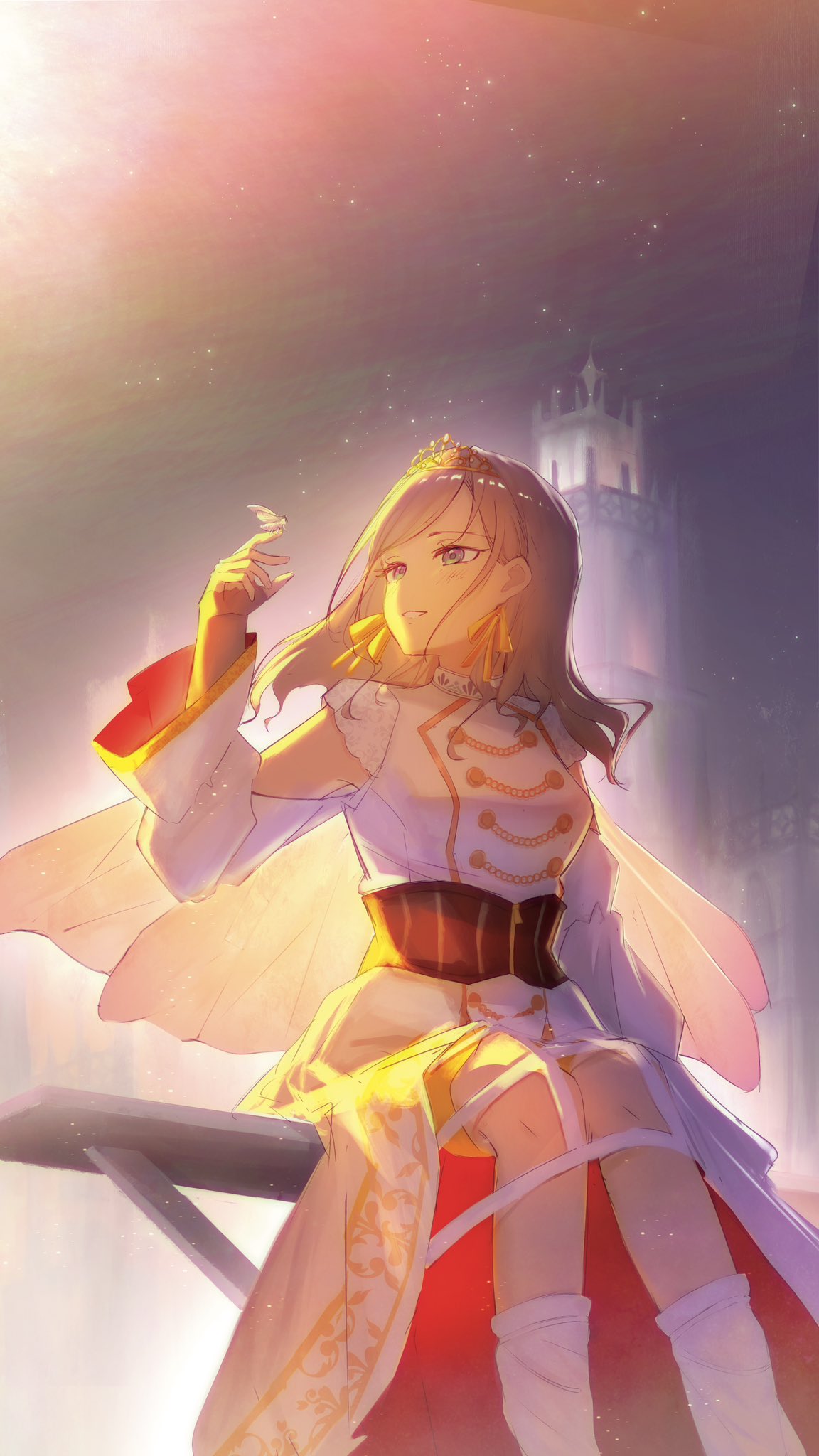1girl, black_corset, blue_eyes, breasts, bug_request, castle, ceras_yanagida_lilienfeld, clothing_cutout