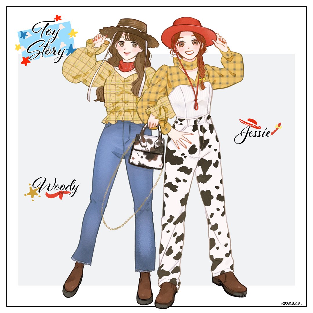 2girls, adapted_costume, animal_print, boots, braid, chaps, cow_print, cowboy